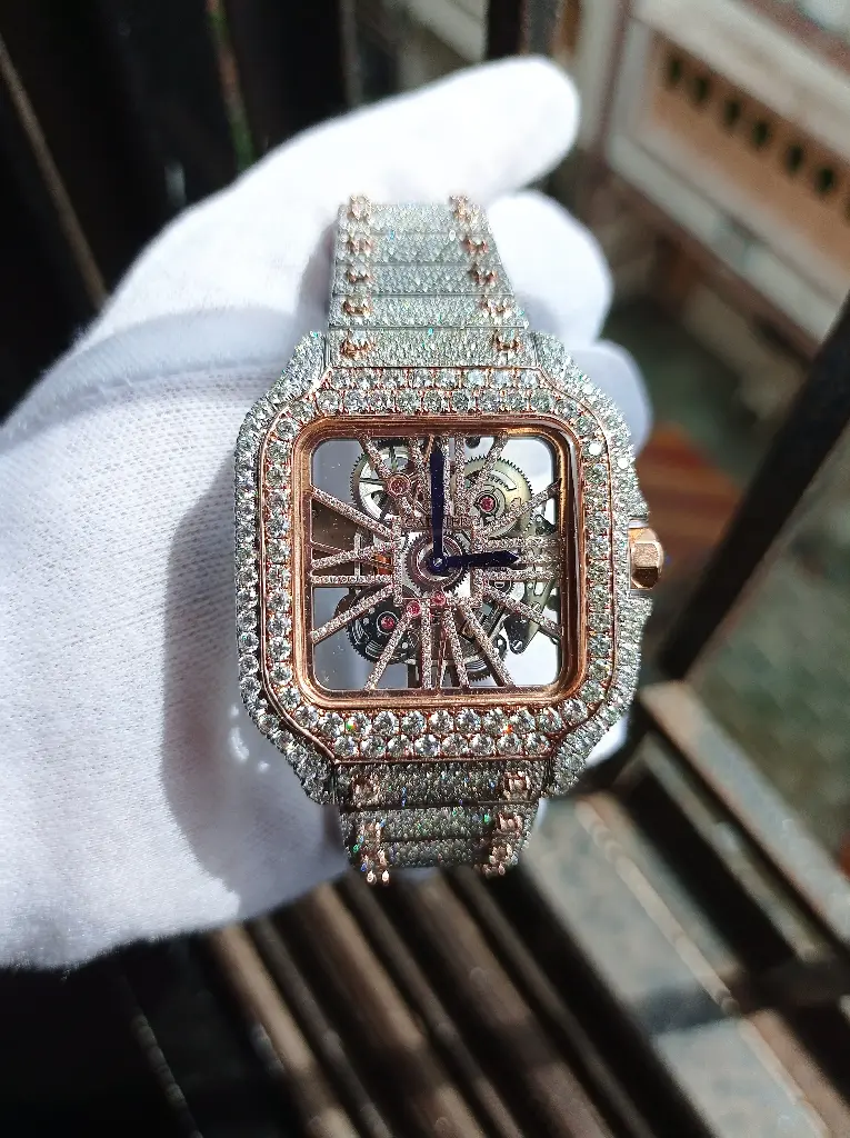 Cartier Skeleton Two tone full iced out Automatic Moissanite watch
