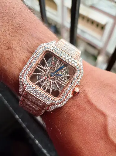 Cartier Skeleton Rose tone full iced out Automatic Moissanite watch